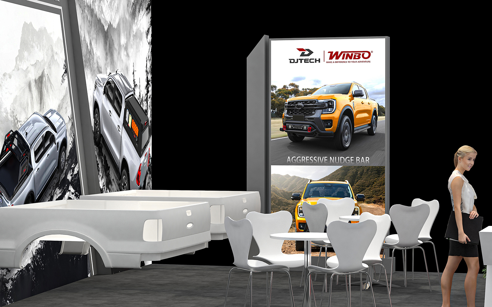 廣交會攤位設計搭建效果圖片-東箭科技展台產品陳列區（汽車改裝部件展示）